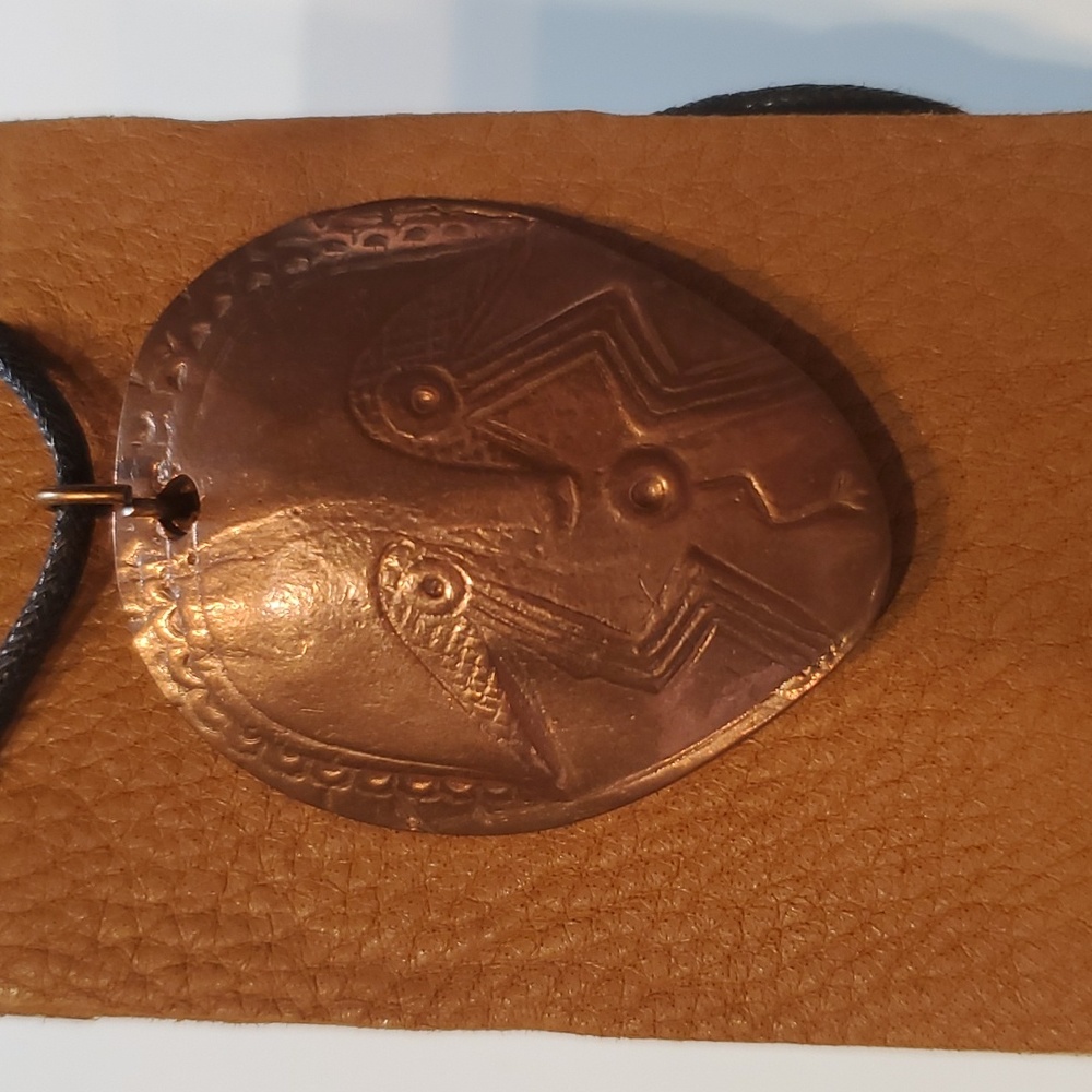 Jewelry necklace with cord.  Bronze metal clay handcrafted